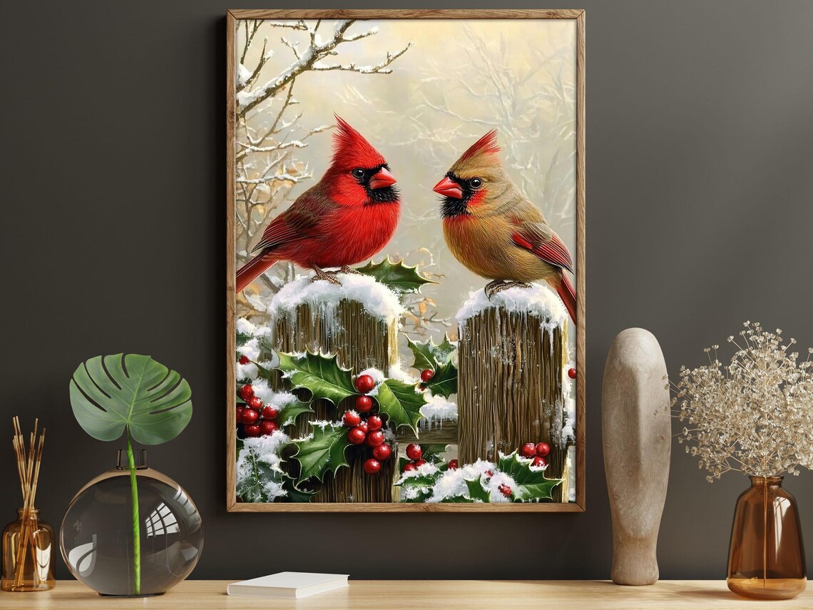 Male Female Cardinals On Snowy Fence With Holly And Red Berries Poster - Image 5
