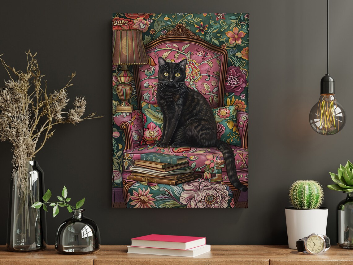Black Cat On Floral Armchair With Books Maximalist Art Wall Poster - Image 4