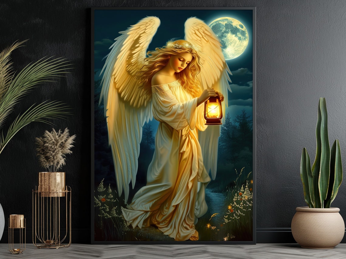 Golden Angel Holding Lantern Under Full Moon Night Guardian Poster - Image 2