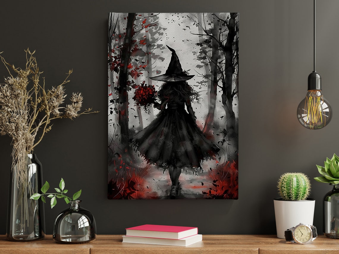 Dark Witch In Misty Forest Red Flowers Gothic Watercolor Halloween Art - Image 4