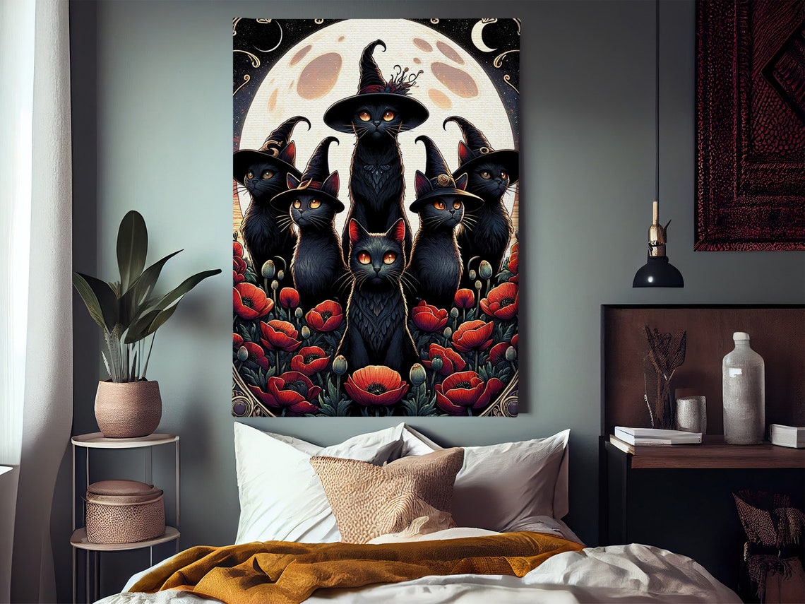 Seven Black Cats In Witch Hats Full Moon Poppies Halloween Wall Poster - Image 2