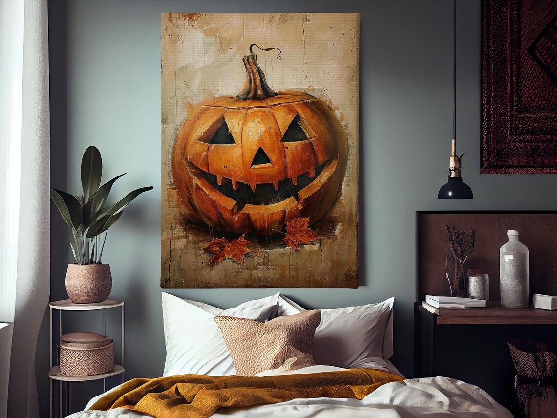 Vintage Grinning Jack O Lantern Pumpkin Painting Autumn Leaves Poster - Image 3