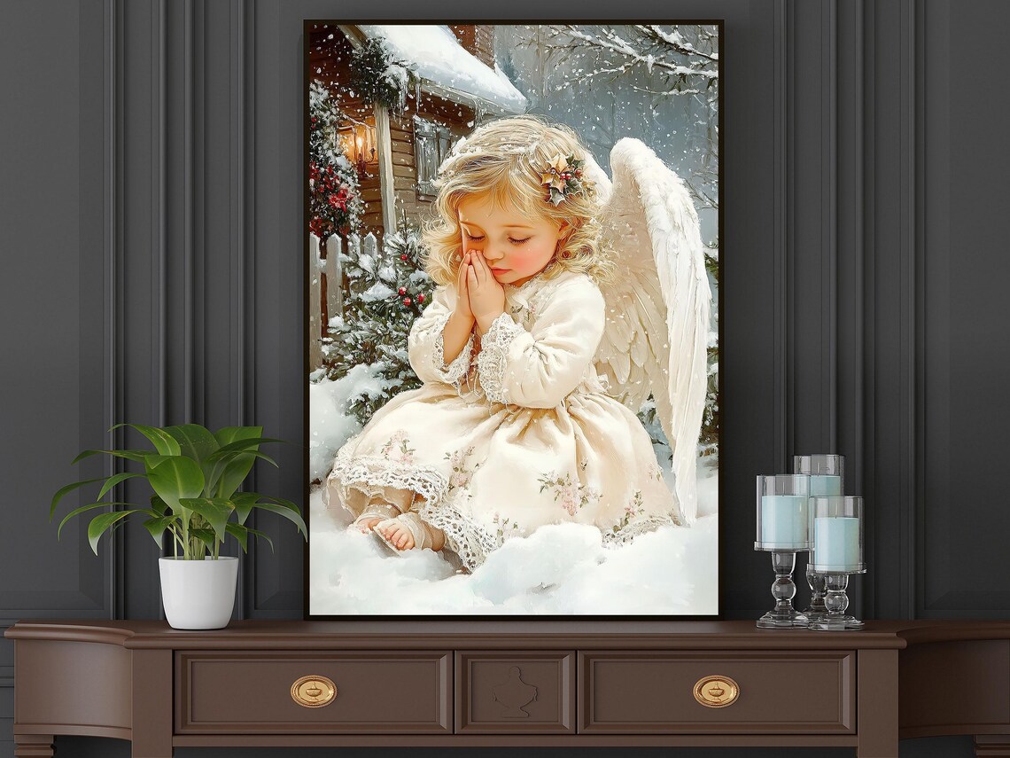 Little Angel Girl Praying In Snow Outside Cottage With Holly Vintage Print - Image 6