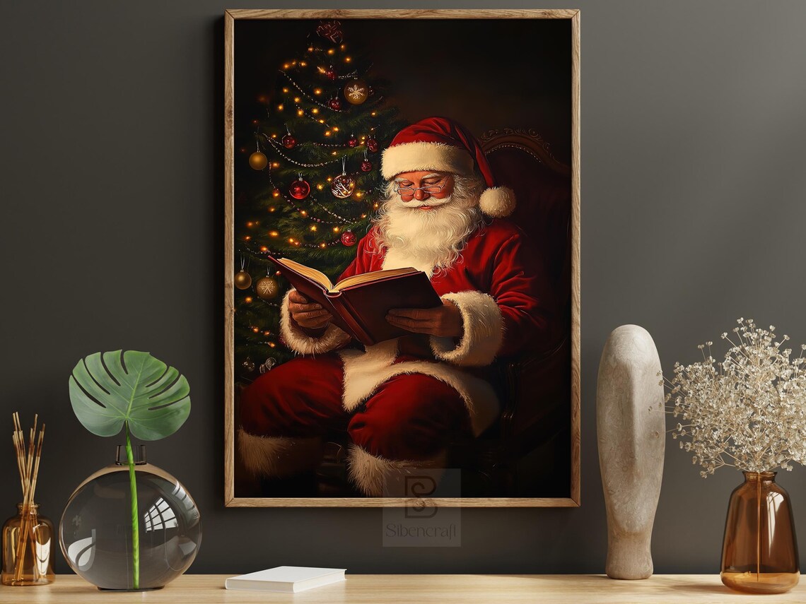 Santa Claus Reading Book In Armchair By Glowing Christmas Tree Night Poster - Image 6