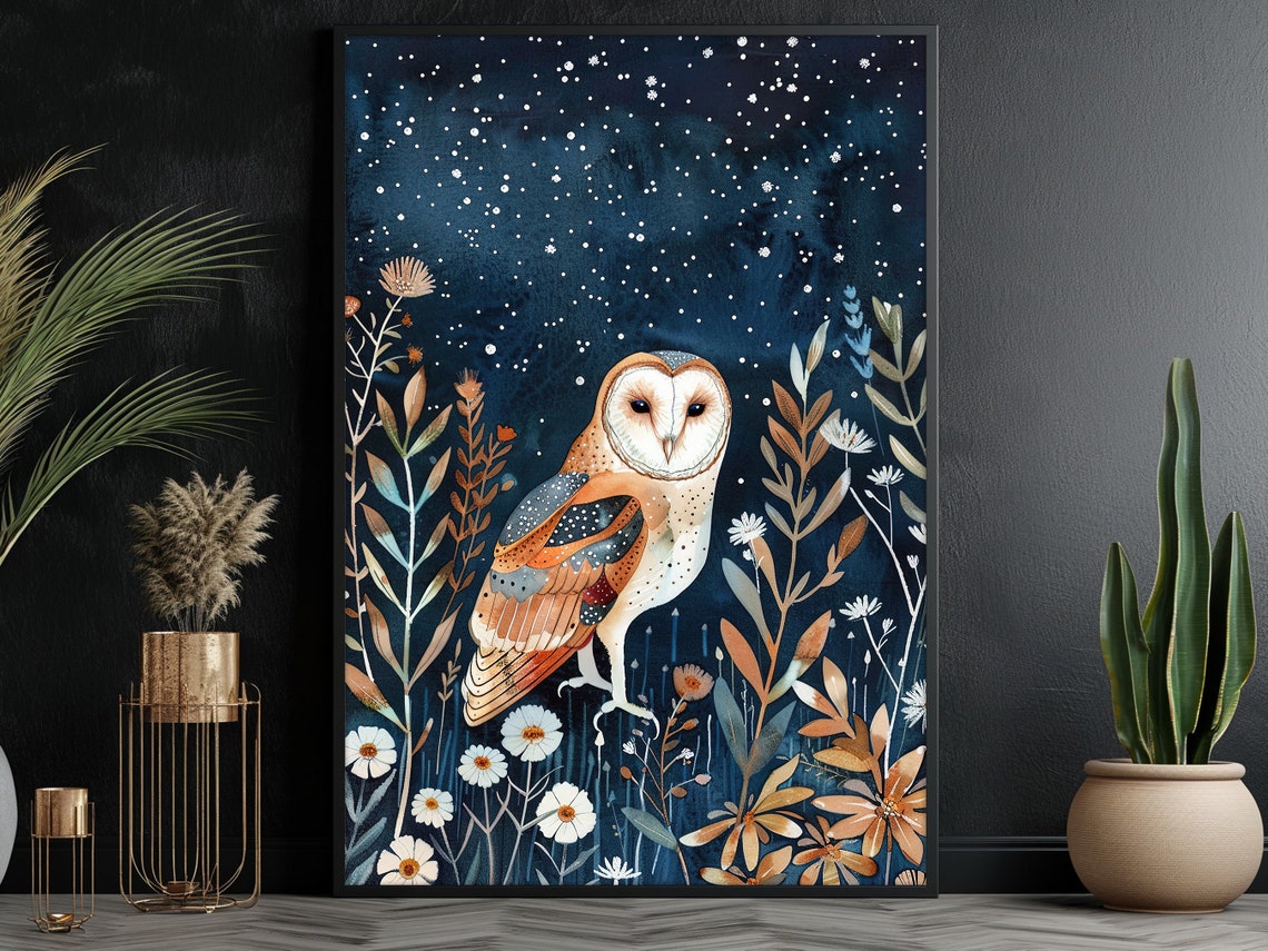 Barn Owl Starry Night Wildflower Meadow Celestial Art Poster