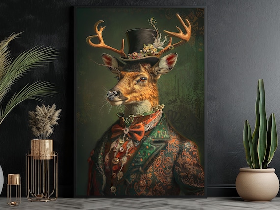 Gothic Gentleman Stag Portrait With Antlers Top Hat Vintage Art Print