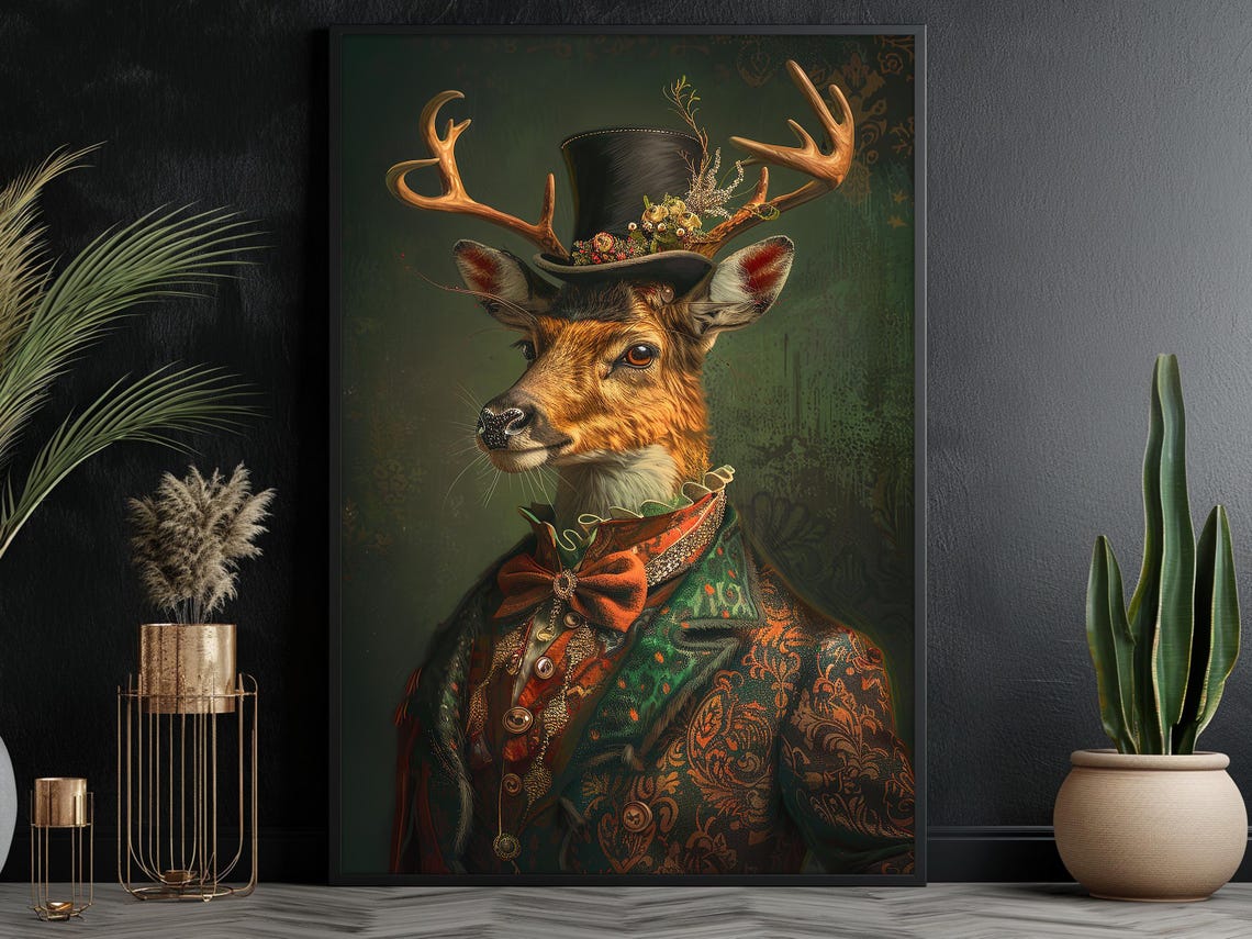 Gothic Gentleman Stag Portrait With Antlers Top Hat Vintage Art Print
