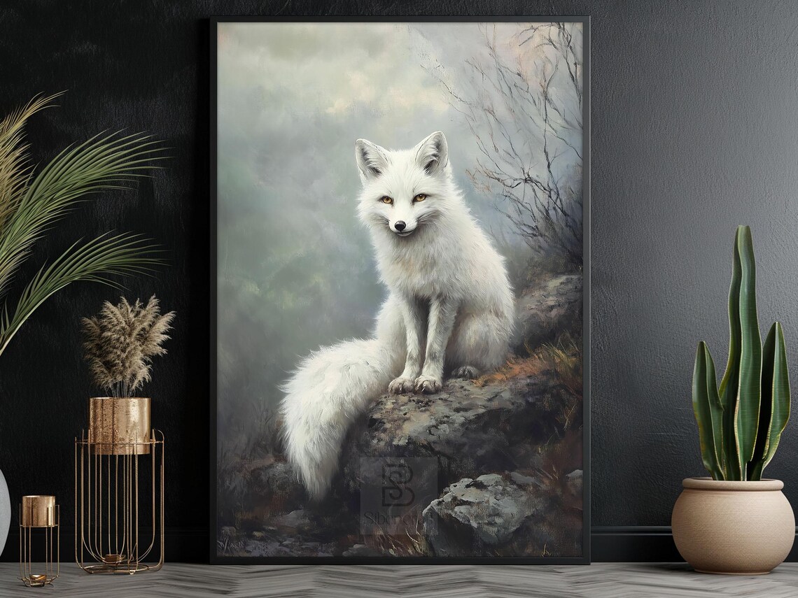 White Arctic Fox Sitting On Snowy Rocks Misty Winter Forest Wildlife Art Poster