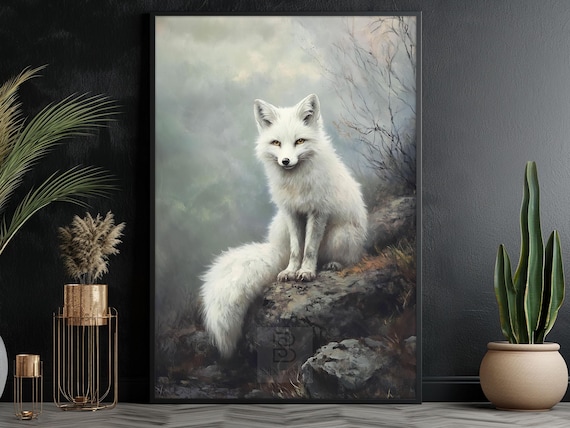 White Arctic Fox Sitting On Snowy Rocks Misty Winter Forest Wildlife Art Poster