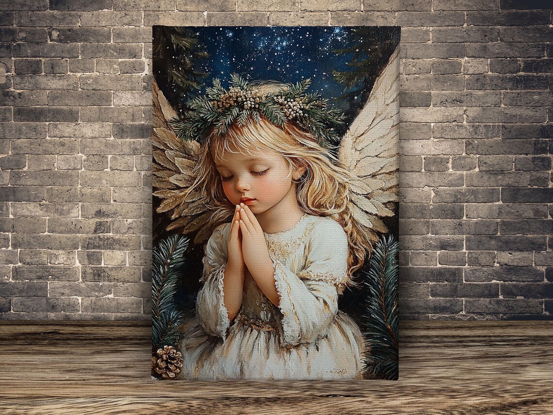 Vintage Praying Angel Girl Starry Night Pine Wreath Christian Christmas Art Poster - Image 2