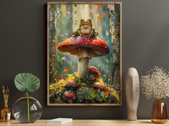 Vintage Colorful Mushrooms Art Print, Enchanted Forest