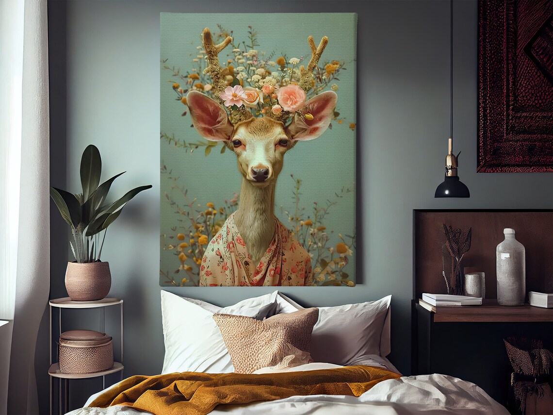 Deer With Floral Crown Portrait On Sage Green Maximalist Animal Poster - Image 3