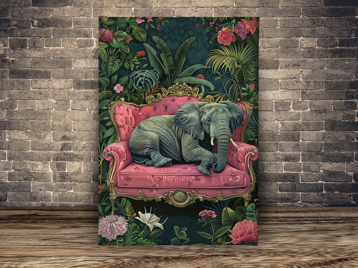 Tropical Elephant On The Sofa, Animal Wall Art Print - Image 2