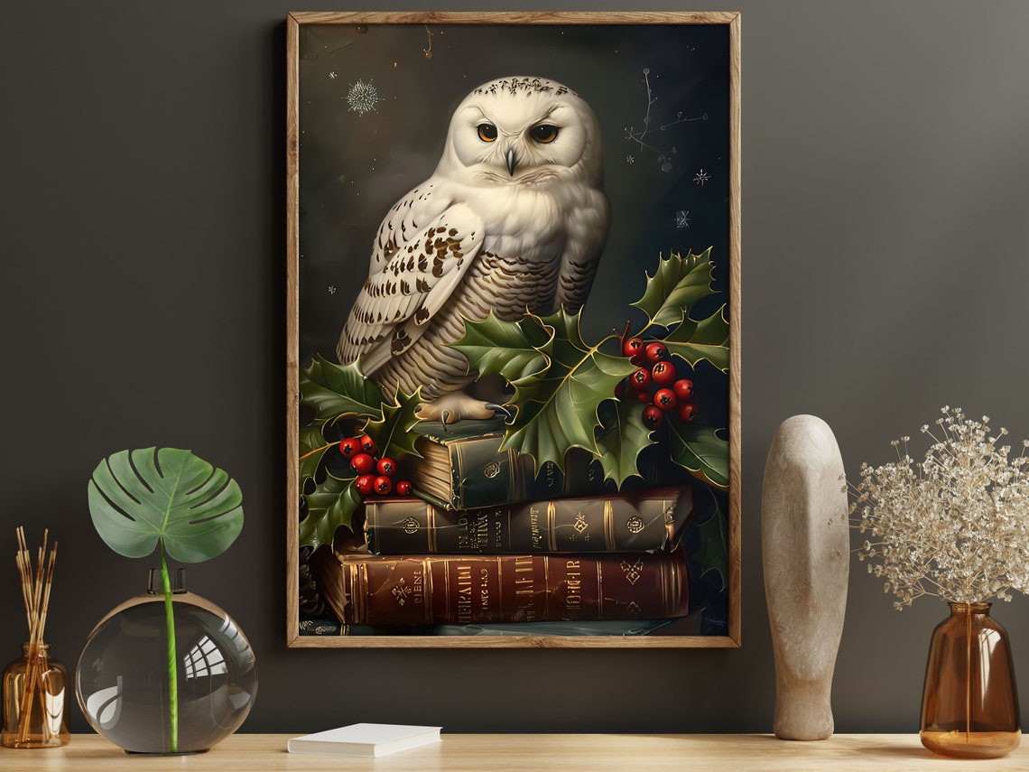 Snowy Owl On Vintage Books Holly Berries Cozy Library Art Poster - Image 5