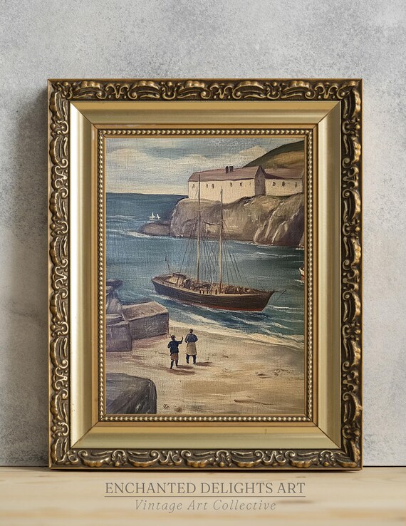 Vintage Fishing Village Oil Painting Sailboat Coastal Harbor Art Poster
