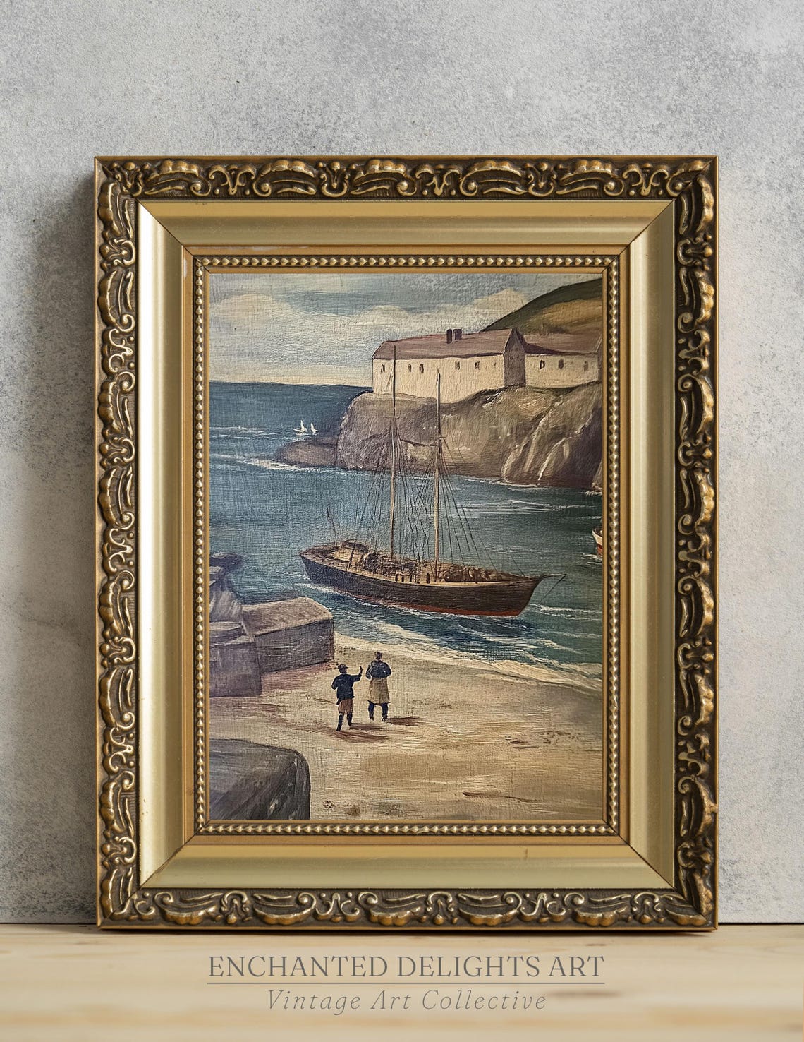 Vintage Fishing Village Painting Wall Decor Antique Grainy Nautical Art Quaint Sea Port Print Boat House Poster