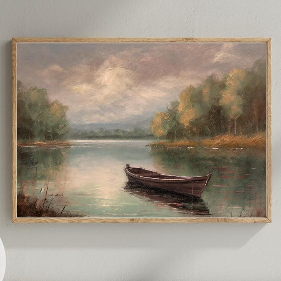 Vintage Lake Oil Painting Print Rustic Rowboat Landscape