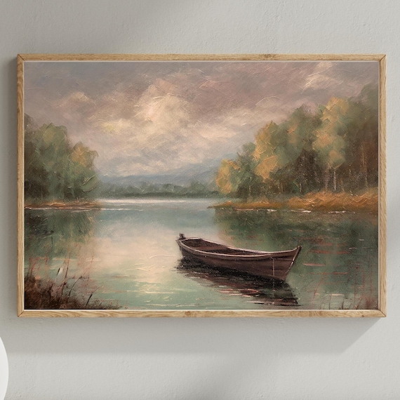 Vintage Lake Rowboat Oil Painting Rustic Cabin Calm Water Wall Art