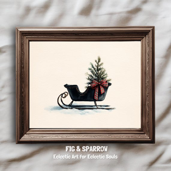 Rustic Christmas Sleigh with Pine Tree Vintage Holiday Watercolor Wall Art