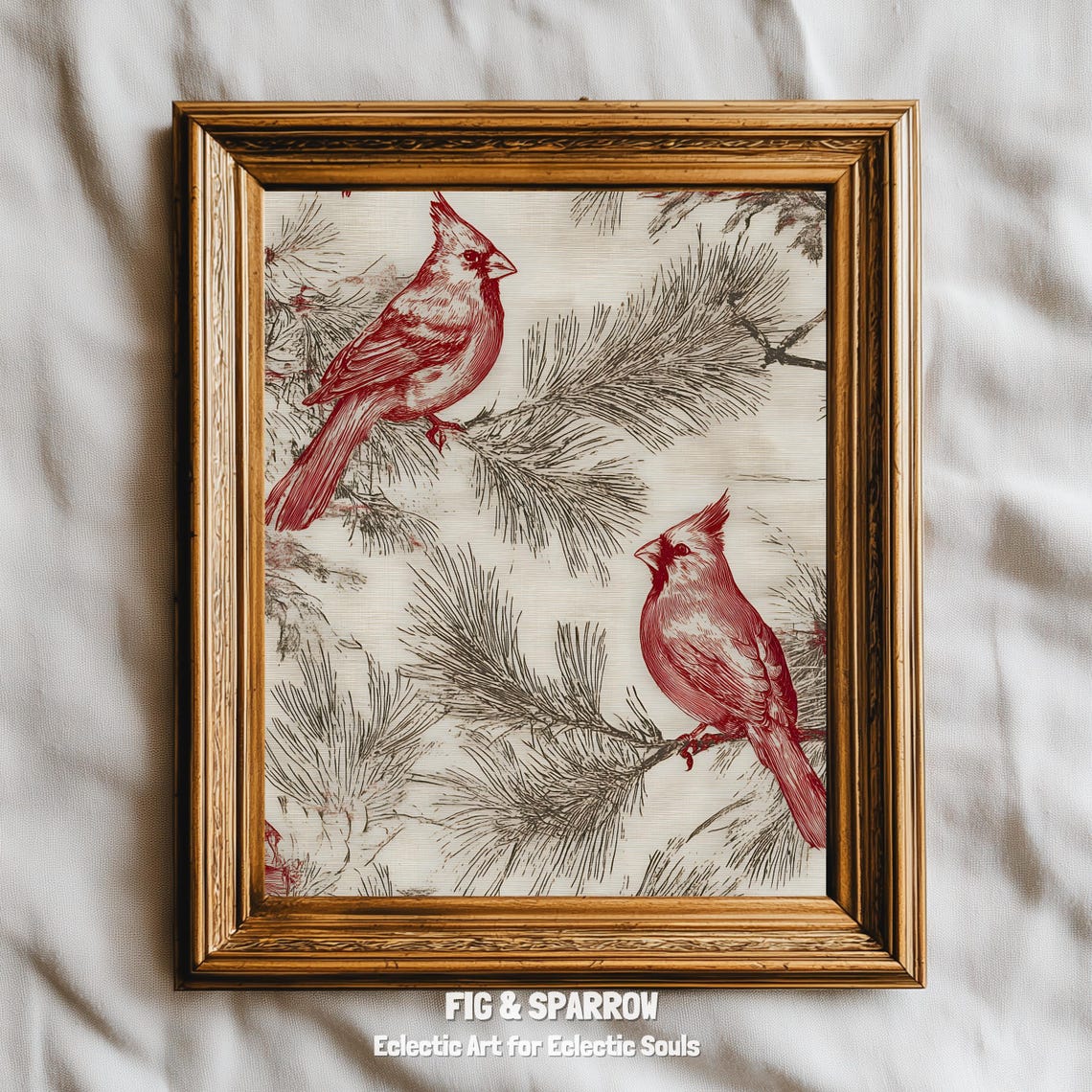 Vintage Red Cardinal Bird Toile Pine Branch Christmas Wall Art