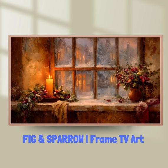 Snowy Christmas Window With Candle Cozy Winter Holiday Wall Art