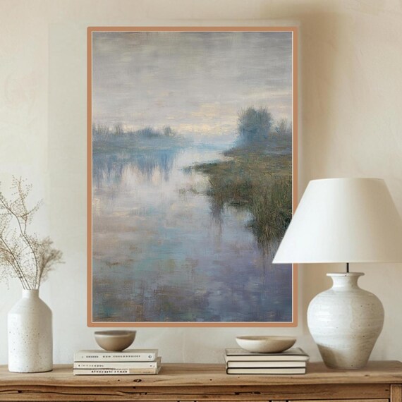 Misty Marsh River Landscape Soft Blue Impressionist Nature Art Poster