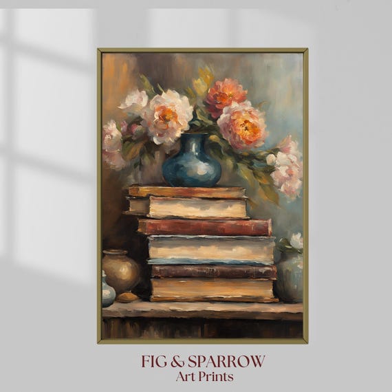 Vintage Floral Still Life With Books, Art Print