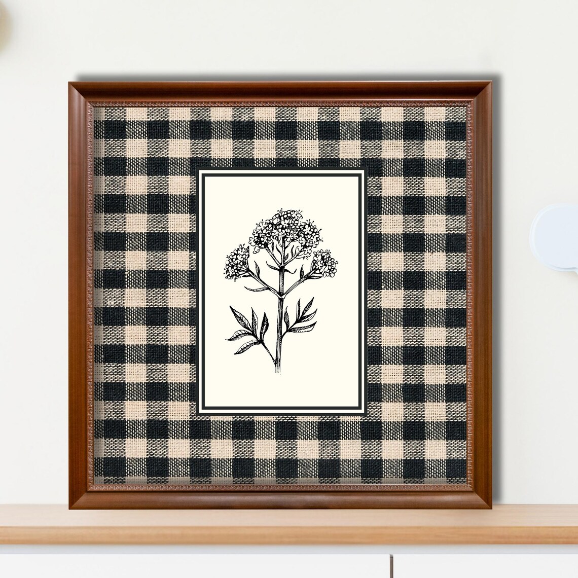 Black White Botanical Wildflower Sketch Gingham Farmhouse Wall Art