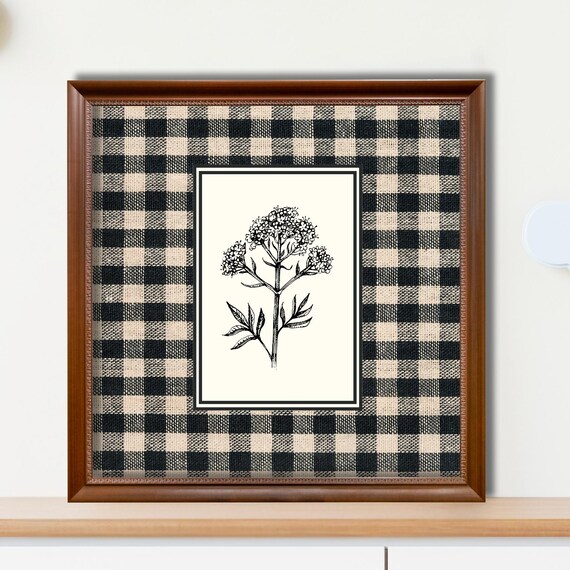 Black White Botanical Wildflower Sketch Gingham Farmhouse Wall Art