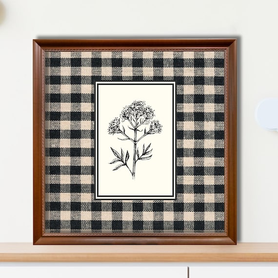 Vintage Botanical Print Black White Floral Gingham