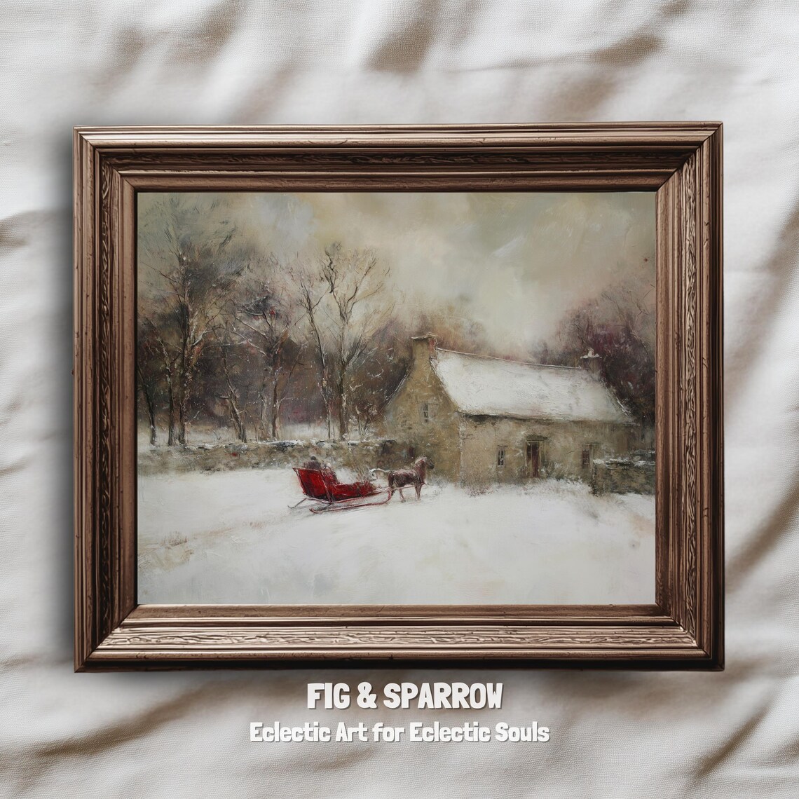 Winter Cottage Scene Print, Vintage Farmhouse Decor
