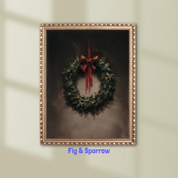 Moody Christmas Wreath Oil Painting Vintage Holiday Green Garland Poster
