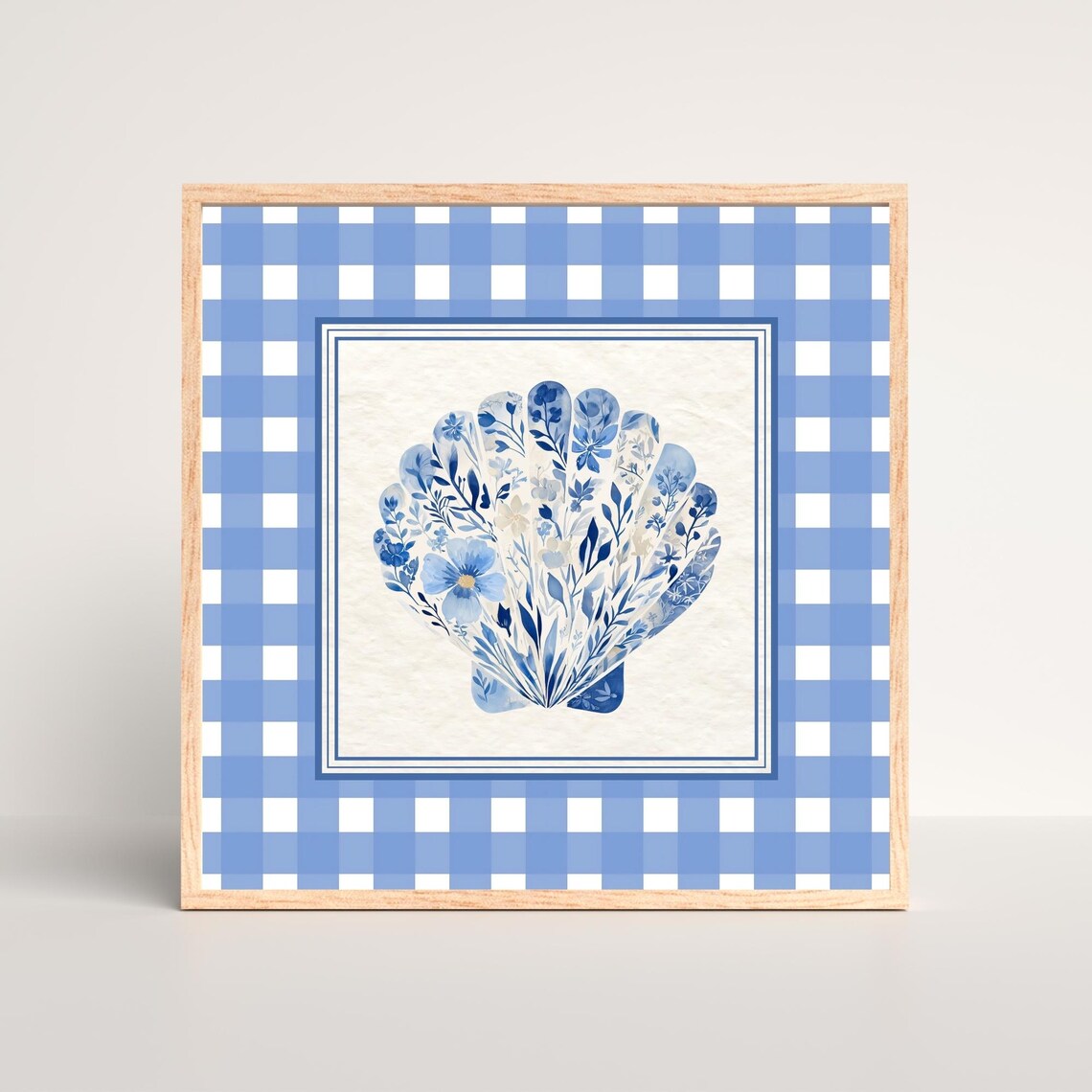 Blue Chinoiserie Seashell Coastal Gingham Check Floral Watercolor Poster