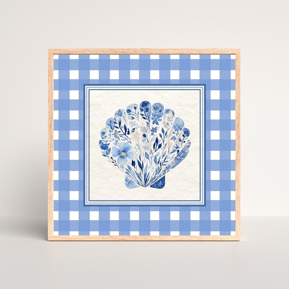 Blue Chinoiserie Seashell Coastal Gingham Check Floral Watercolor Poster