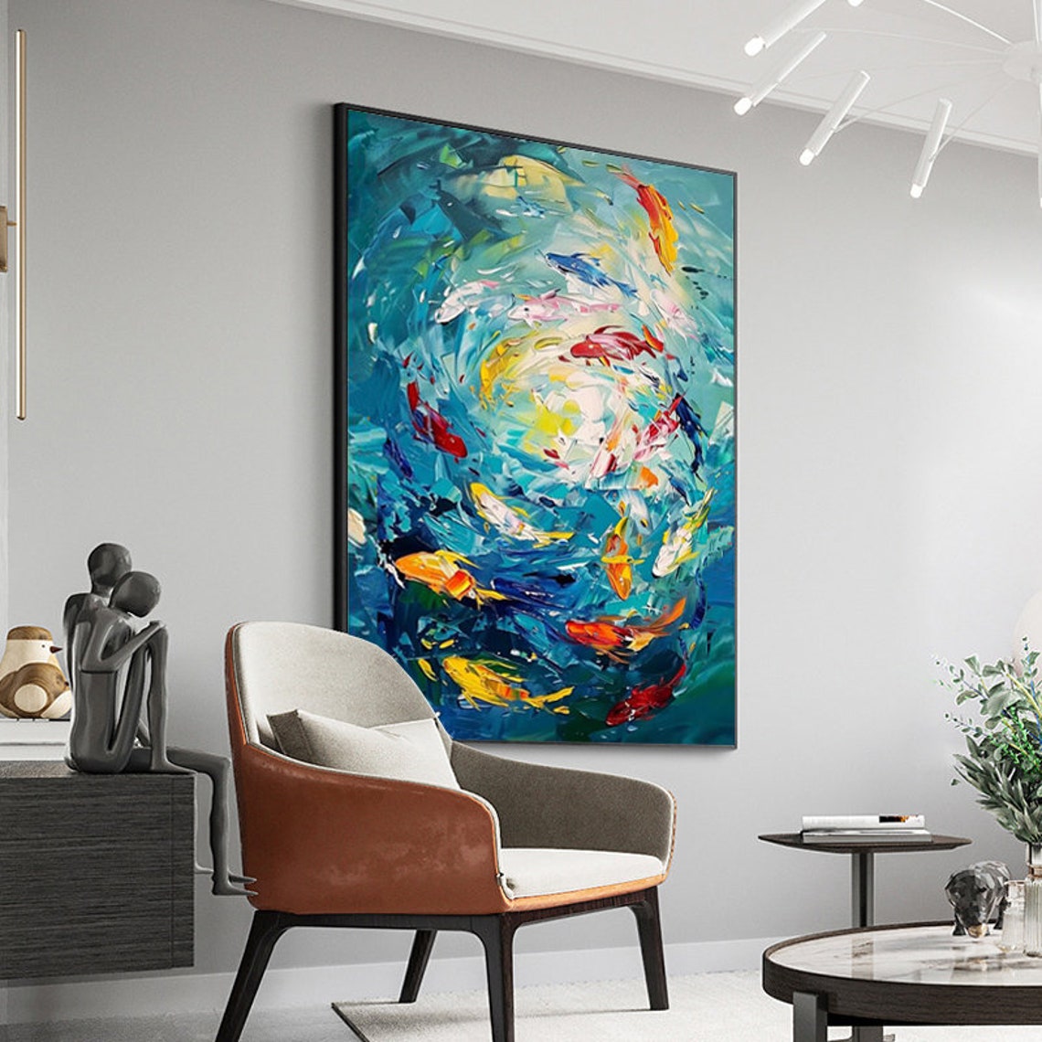 Playful Koi Fish In Blue Waters Textured Original Wall Art For Living Room Entryway Dining Room - Image 3