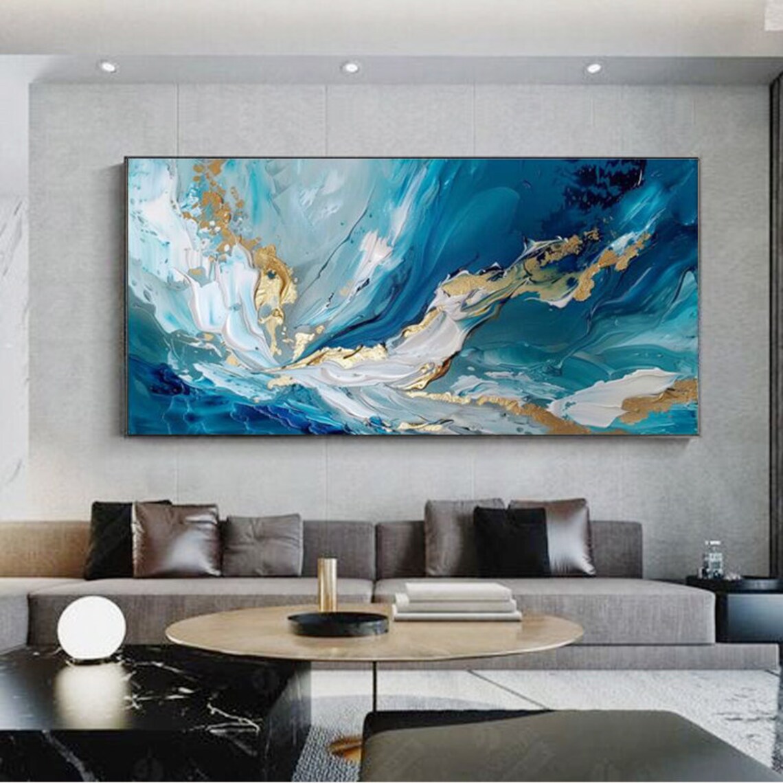 Abstract Blue Oil Painting With Gold Accents Art Print - Image 6