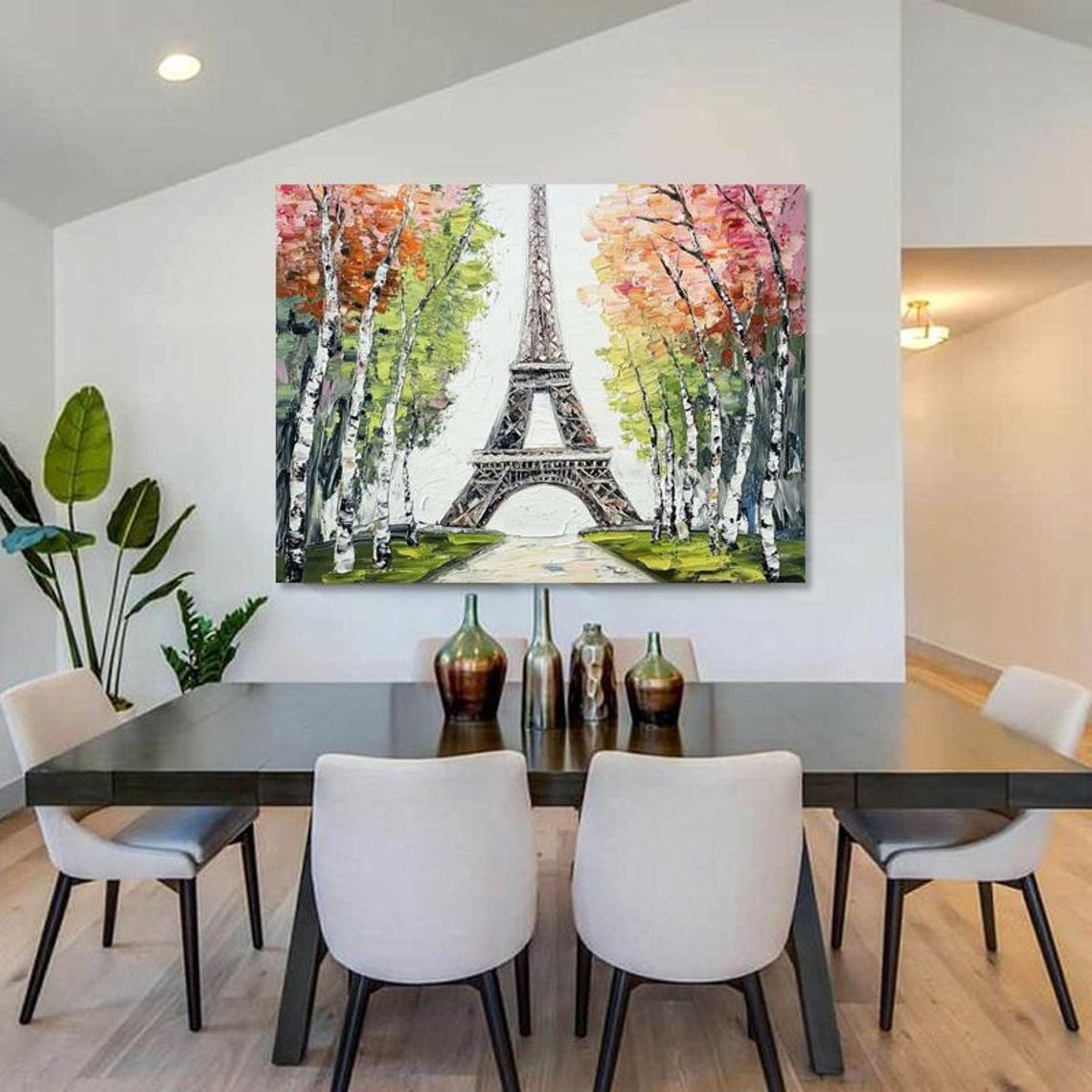 Hand Painted Landscape Oil Painting Eiffel Tower With Forest Abstract Art Wall Decor For Living Room Entryway Dining Room - Image 5