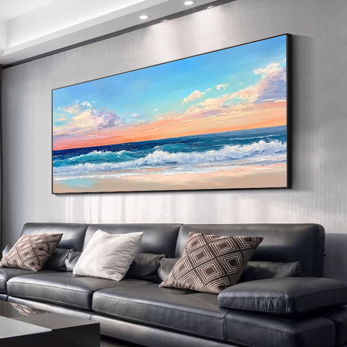 Pink Sunset Beach Waves Rolling Ocean Panoramic Seascape Art Poster - Image 3