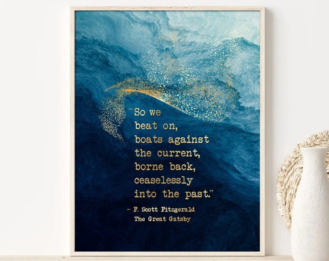 So We Beat On Great Gatsby Quote Blue Watercolor Literary Wall Poster