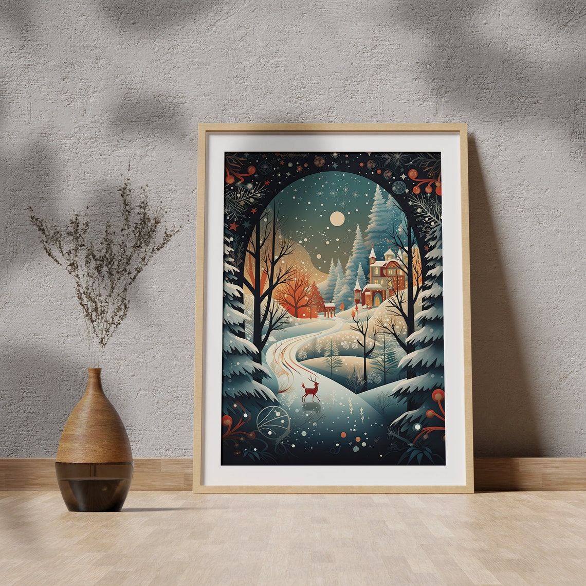 Winter Wonderland Deer Cabin Snowy Forest Moonlit Night Poster - Image 4