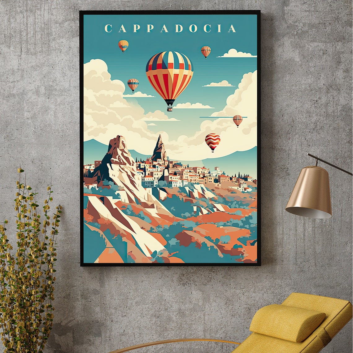 Cappadocia Retro Hot Air Balloons Over Fairy Chimney Town Poster - Image 2