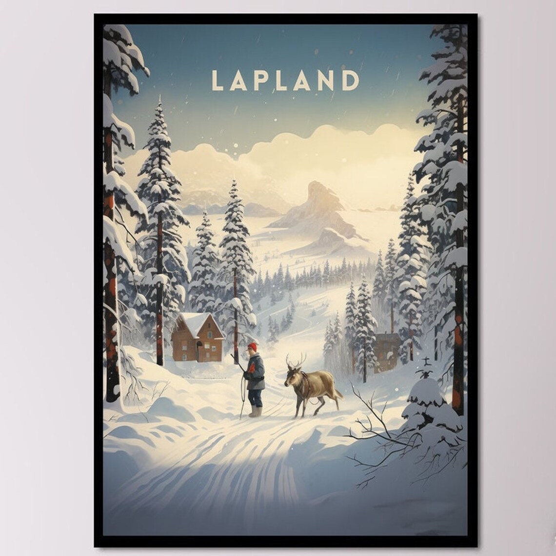Lapland Vintage Travel Snowy Forest Reindeer Cabin Scene Poster - Image 7
