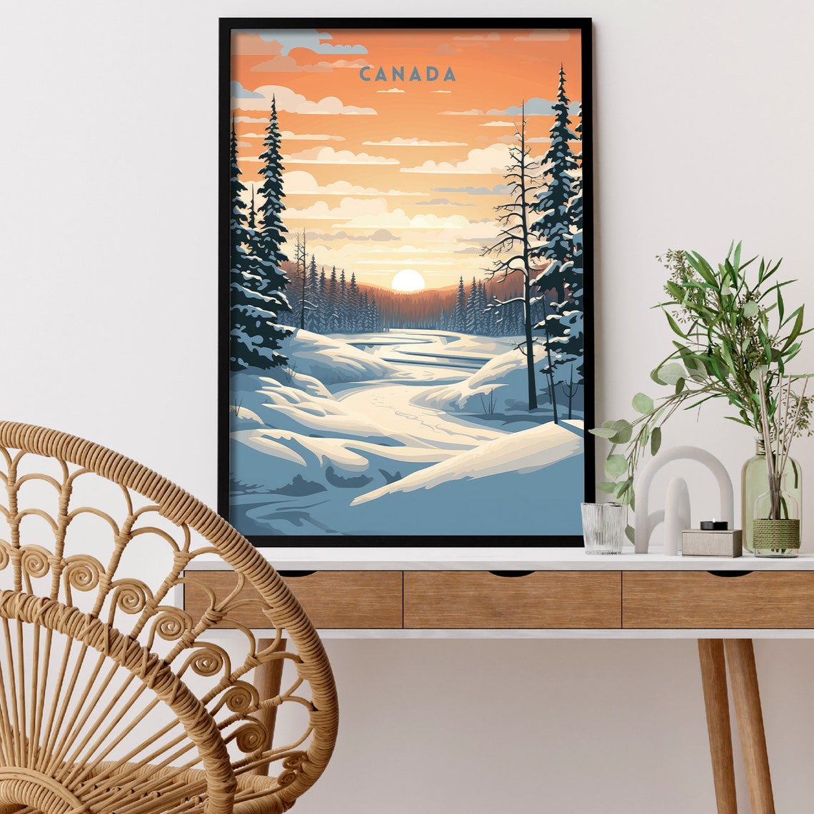 Canada Winter Wonderland Snowy Forest River Sunset Travel Poster - Image 5