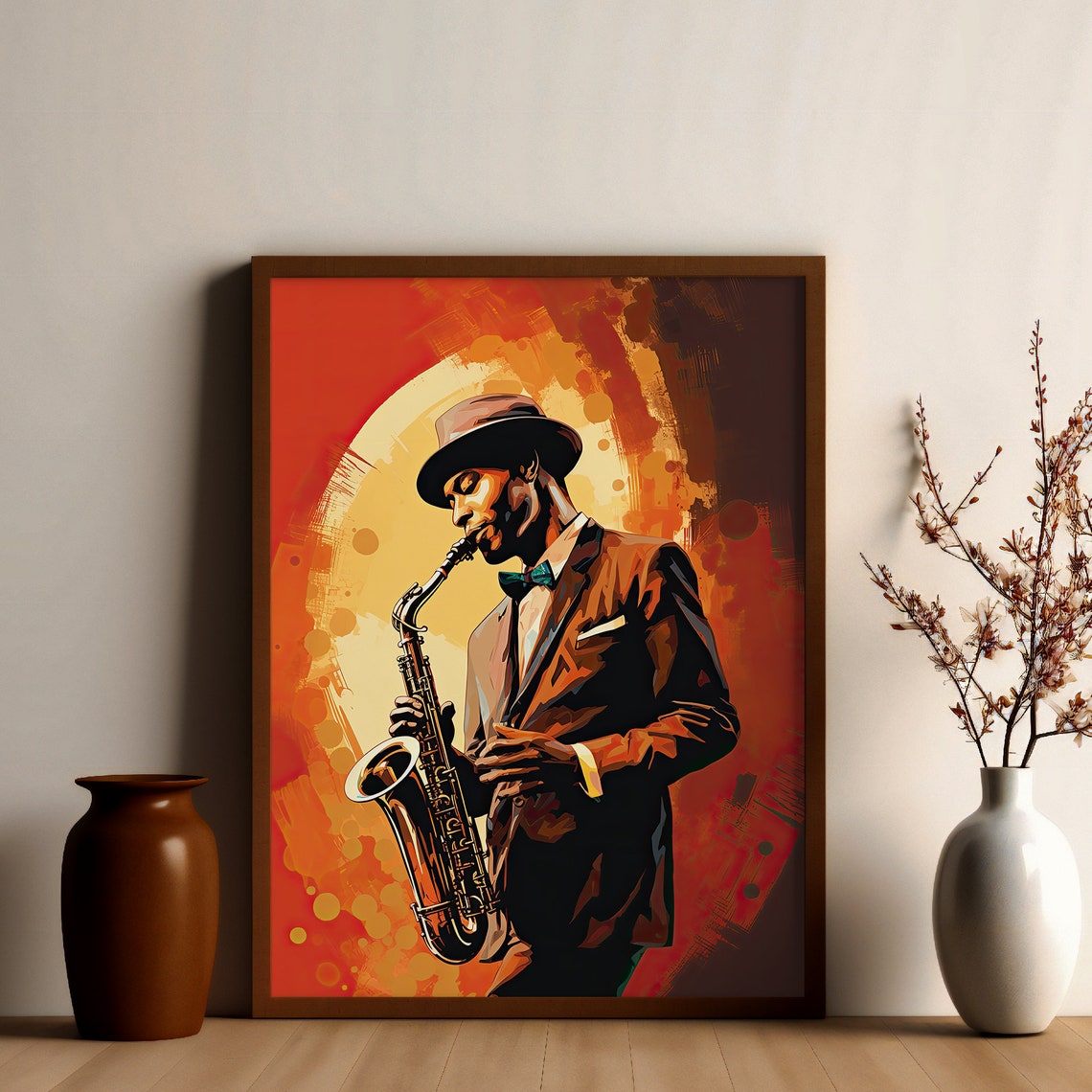 Jazz Saxophonist Hat Bow Tie Fiery Orange Stylized Art Poster - Image 3