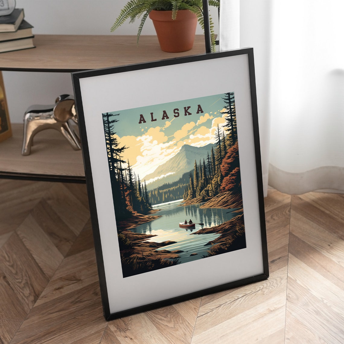 Alaska Retro Travel Poster with Canoe Mountain Lake Pine Forest - Image 5