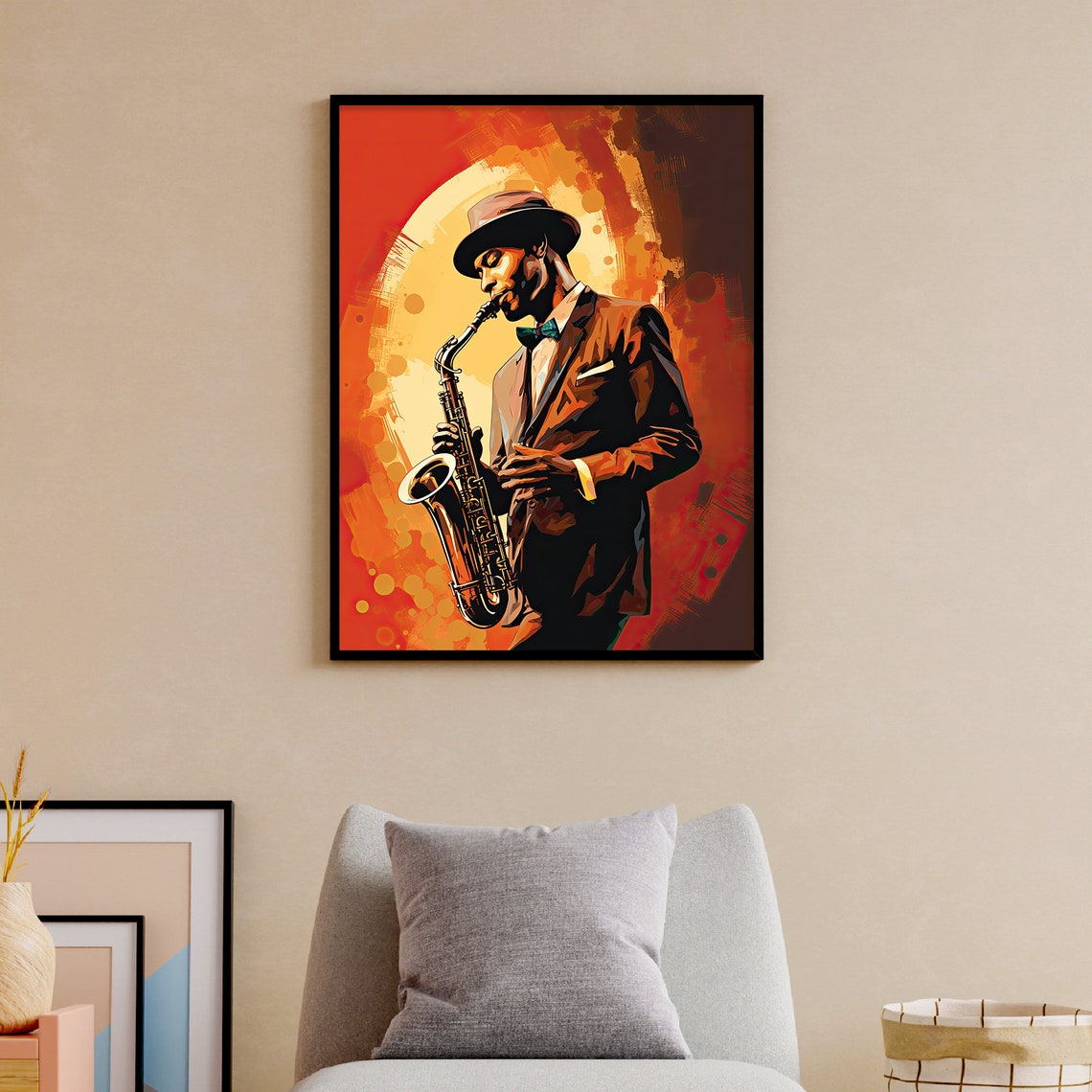 Jazz Saxophonist Hat Bow Tie Fiery Orange Stylized Art Poster - Image 5