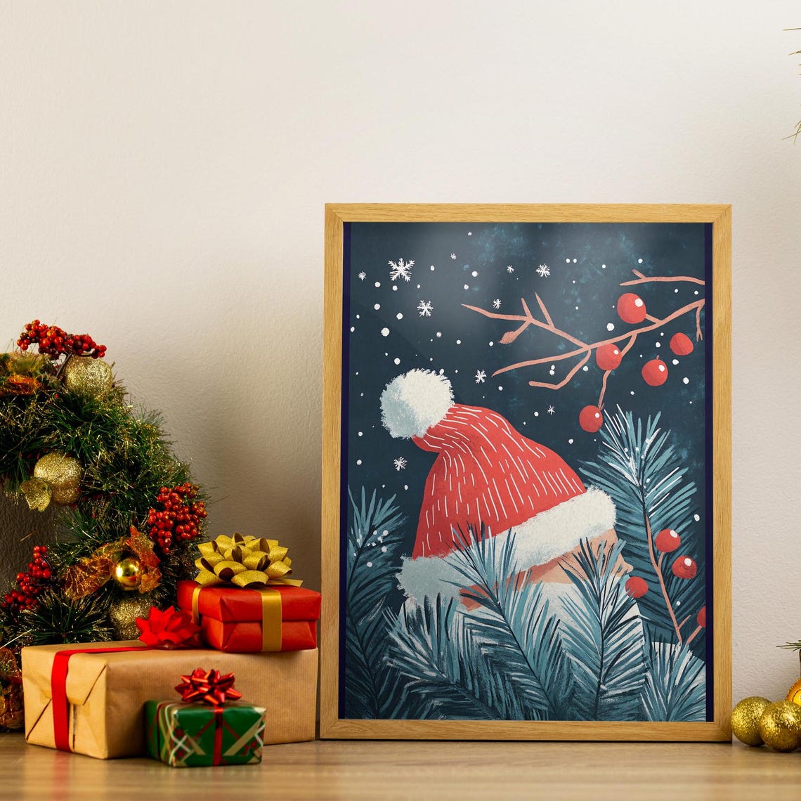 Retro Christmas Santa Hat Pine Berries Snowflakes Holiday Poster - Image 7