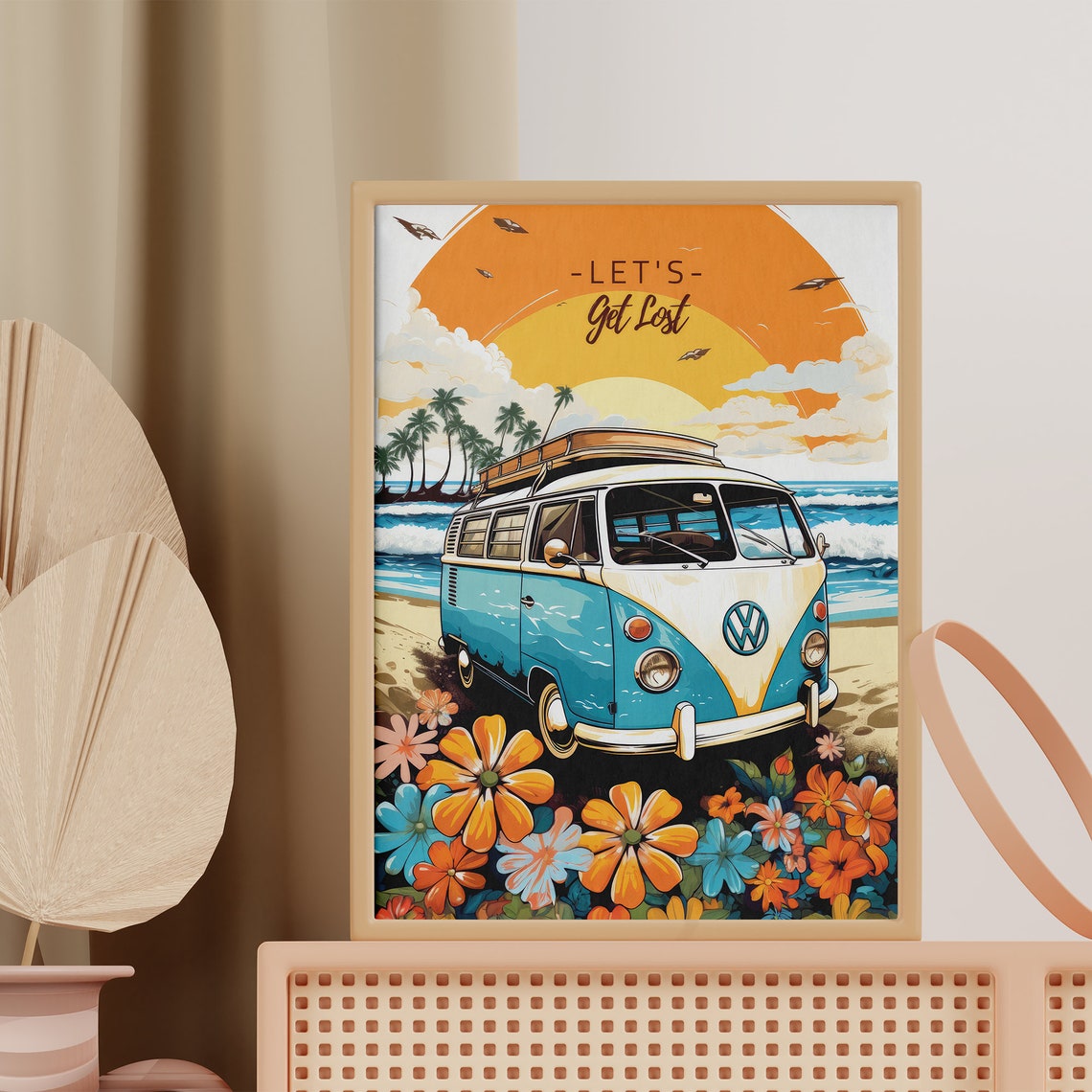 Lets Get Lost VW Camper Van Beach Sunset Floral Adventure Poster - Image 4