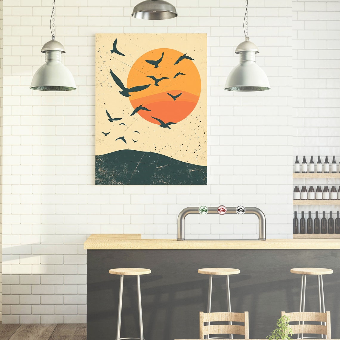 Flock Of Birds Flying Over Large Orange Sun Sunset Minimal Poster - Image 7