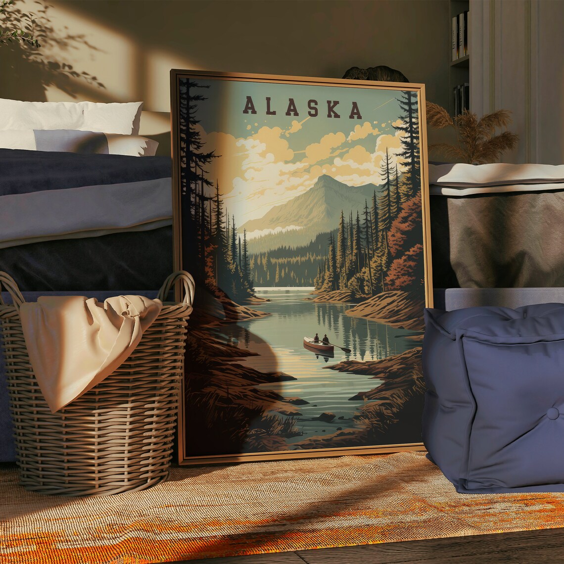 Alaska Retro Travel Poster with Canoe Mountain Lake Pine Forest - Image 2